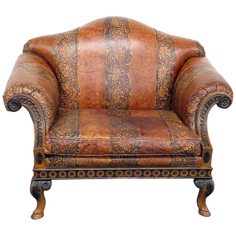 Oversized Designer faux Embossed Leather English Georgian Style Club Chair 