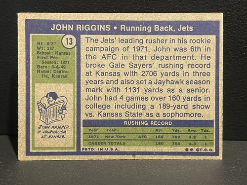 1972 Topps John Riggins #13 RC BEAUTIFUL CARD New York Jets Redskins HOF RB - Picture 2 of 2