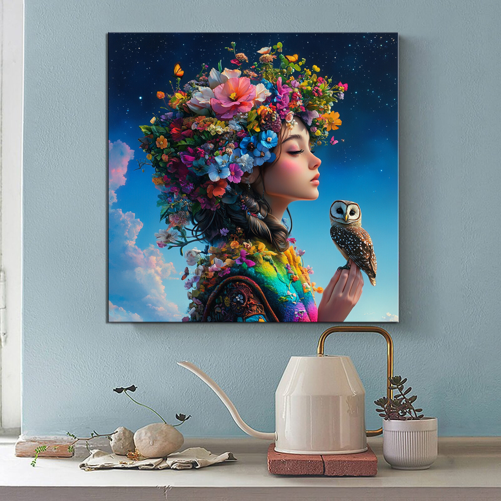 Dream Girl Poster Prints Wear Colorful Flowers on Their Heads Canvas Wall Art 36