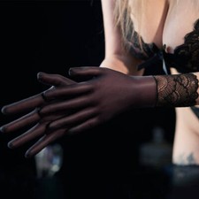 Womens Shiny Glossy Five-Finger Gloves Lace Silky Wedding Evening Party Mittens