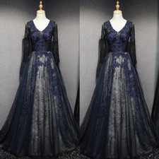 Gothic Black Long Sleeves Wedding Dresses V Neck Lace Appliques Bridal Gowns