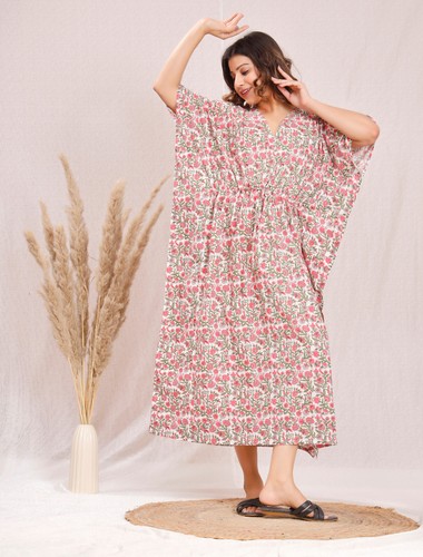 Breathable Cotton Bagru Print Caftan Cotton Dress Floral Kaftan Poncho Dress - Picture 6 of 9