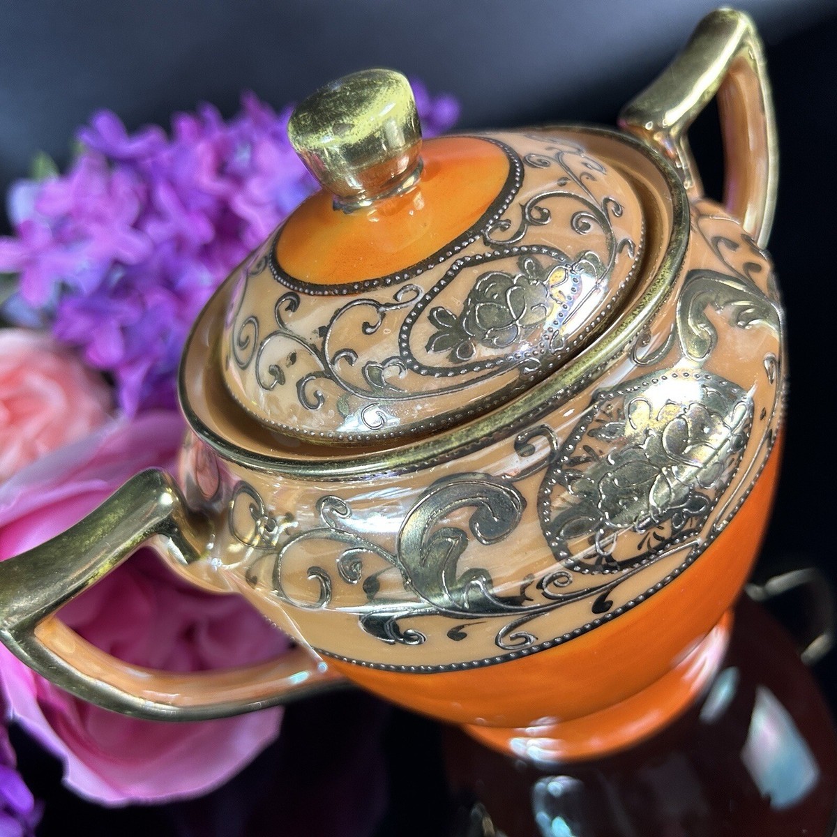 お猪口 ⑮ Vintage Orange Luster Sugar Bowl - Japan Raised Gilt, Hotta