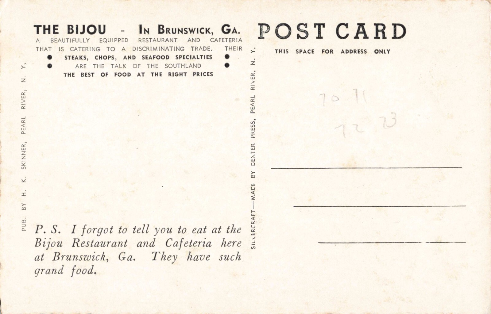 The Bijou Restaurant Brunswick GA c1940 Postcard eBay