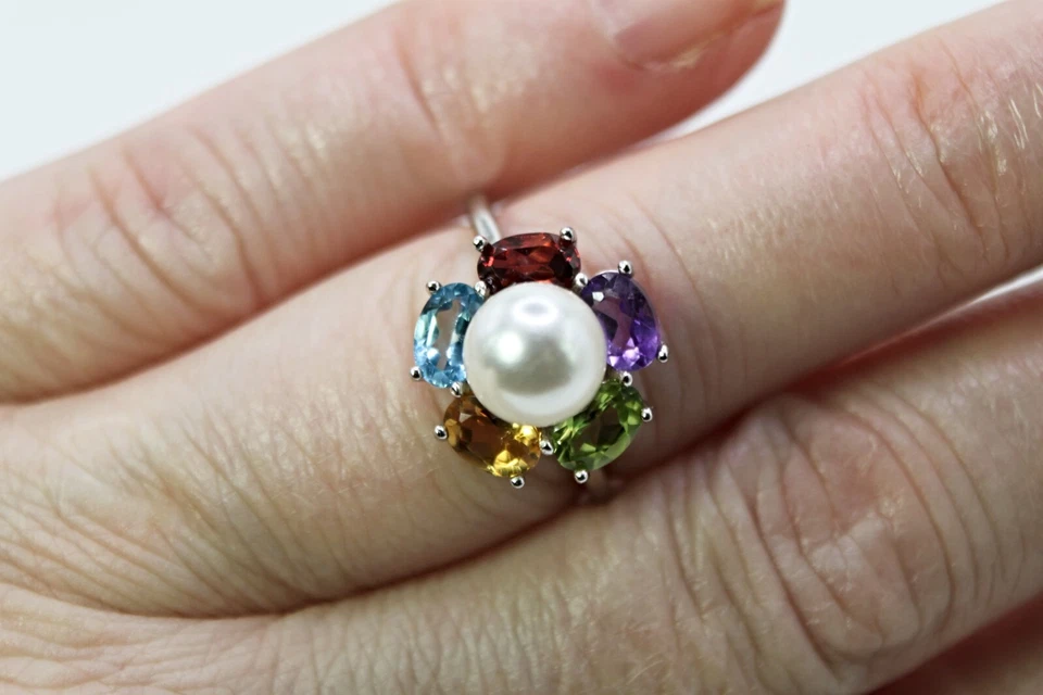 Anillo de Plata Perla Amatista Peridoto Gemas Genuinas Sólido Esterlina Talla O EE. UU. 7,25 Foto 2 de 4