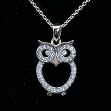 Silvertone Rhinestone Owl Pendant Necklace Approx. 9 drop 3/4 Pendant