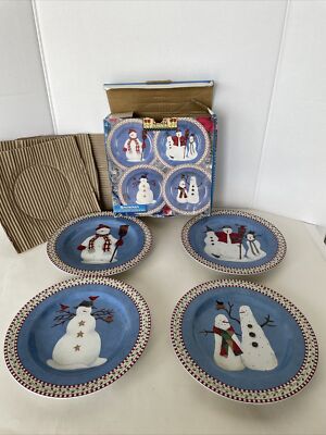 Debbie Mumm by Sakura Set of 4 Blue Snowman 8'' Salad Dessert Plates Winter