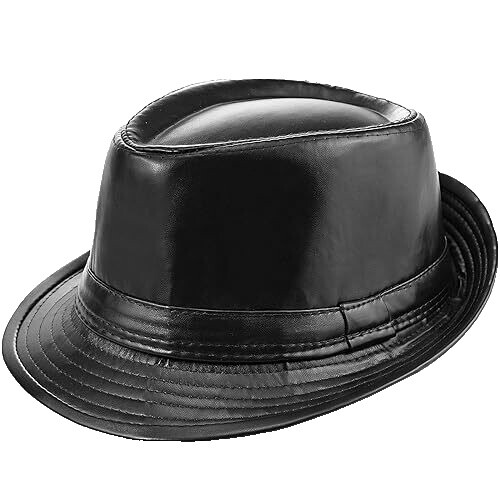 Mens Women Black Classic Faux Leather Trilby Hat Fedora Retro