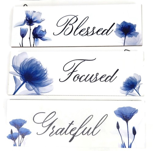 3 Wood Sign Plaque Wall Decorations - Blessed Focused Grateful with Blue Flowers