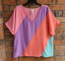 BIBI Air Flow Woven Cross Cut Color Block V-Neck Top Size L