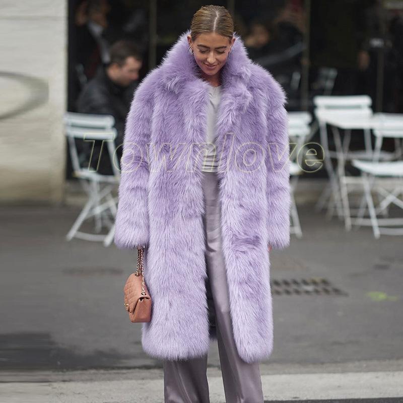 BIEN FORET フェイクファー ロングコート 紫 F Womens Eco Furry Laple Long Faux Fur Coat Loose Celebrity Fashion