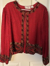 Vtg Laurence Kazar Silk Red Black Gold Sequin Beaded Evening Jacket Cocktail XL