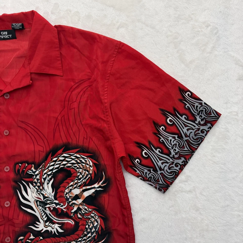 City Impact Shirt Mens Large Red Dragon Flame Graphic Button Up Front Camp - Image 3 of 4