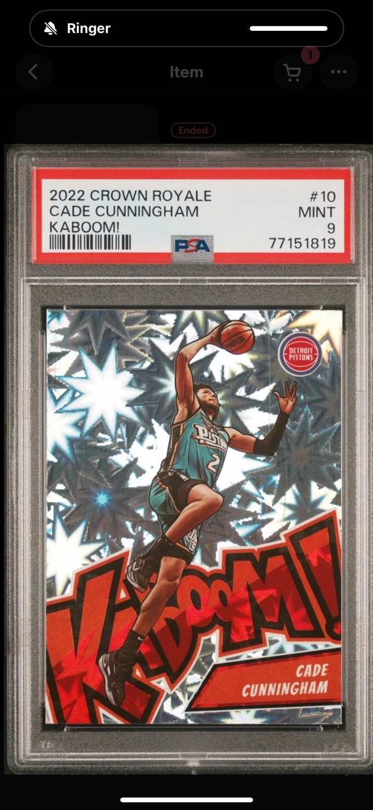 2022 Panini Crown Royale Kaboom #10 SSP Cade Cunningham PSA 9 MINT