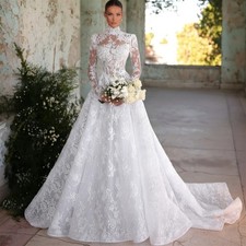 High Collar Wedding Dresses Elegant A-line Lace Applique Long Sleeve Bridal Gown
