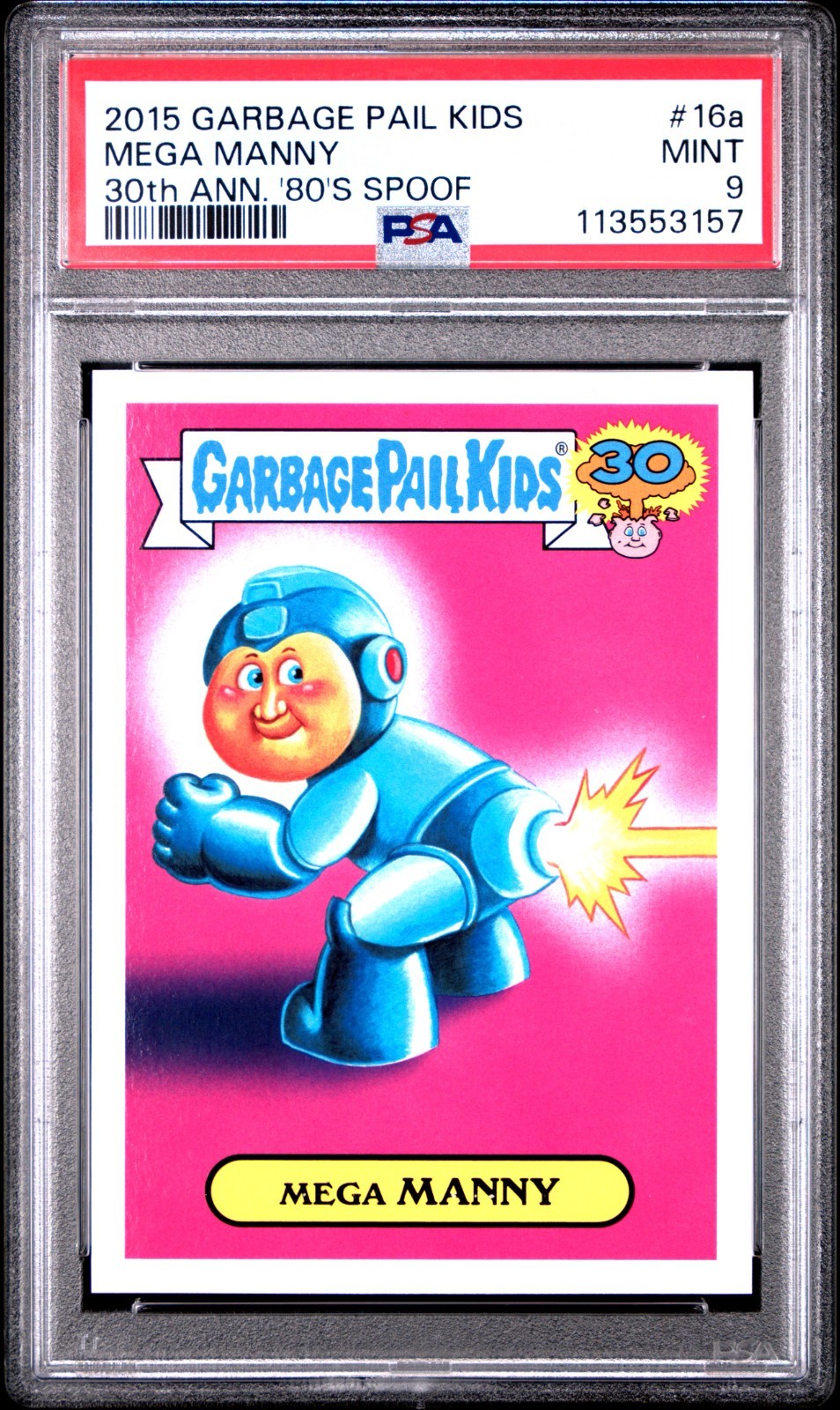 Mega MANNY #16a 2015 Garbage Pail Kids 30th Anniversary trading card — raw and PSA graded price guide