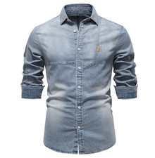 Men's new retro casual solid color long sleeved denim shirt