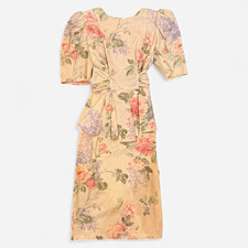 Vintage Ivory Floral Sheath Dress Puff 3/4 Sleeve Ruffle Midi 3