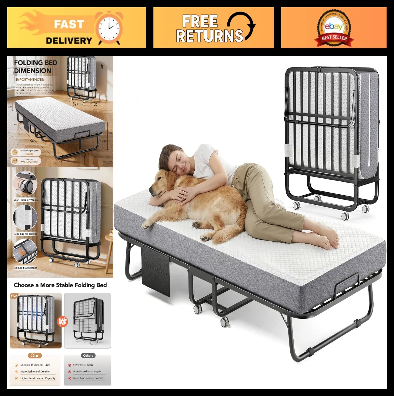 Portable Folding Bed with Memory Foam Mattress, Twin Size Rollaway Guest Bed on
