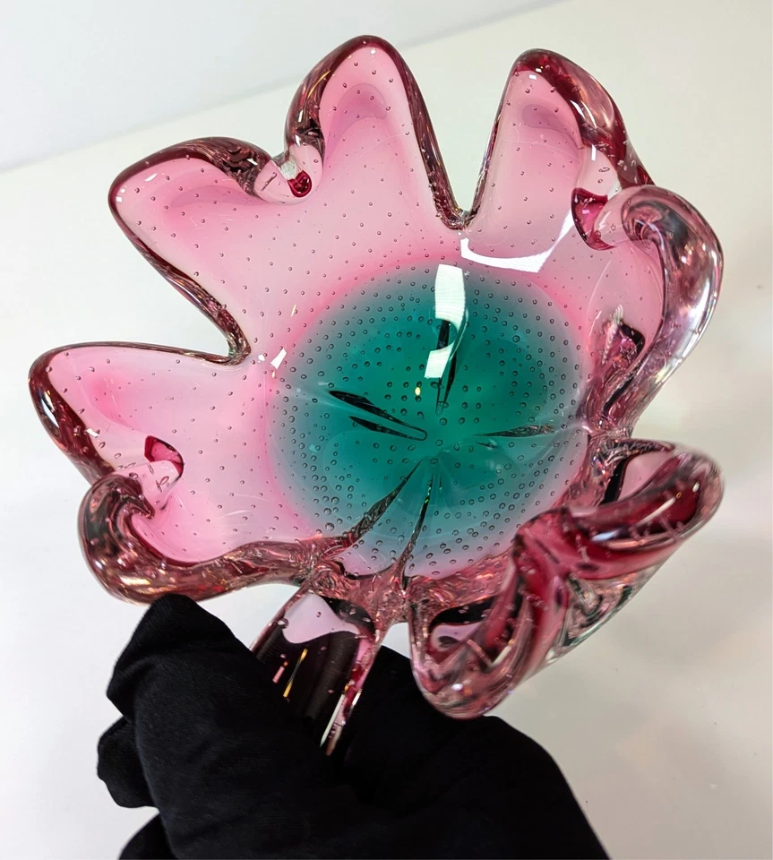 PINK Lucky 4 Leaf Clover Shamrock MURANO italian ART GLASS Bowl Dish bullicante - Image 2 of 4