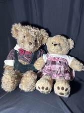 Lot of 2 Beige Plush Teddy Bears w/ Clothing Black Eyes Animal Theme
