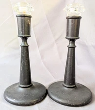 Pair Antique Turned Wood Candlestick Taper Holders 9" Glass Insert Primitive