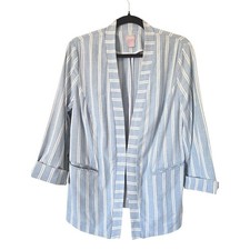 Chico's 1 Blue White Striped Open Front Blazer Jacket 3/4 Sleeve M 8/10