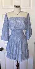 Forever 21 Blue/White Abstract Smocked Square Neck Bell Sleeve Mini Dress M