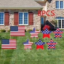 8Pack 4th of July Yard Signs Patriotic Stars Plastic Flags Red White Blue Decor