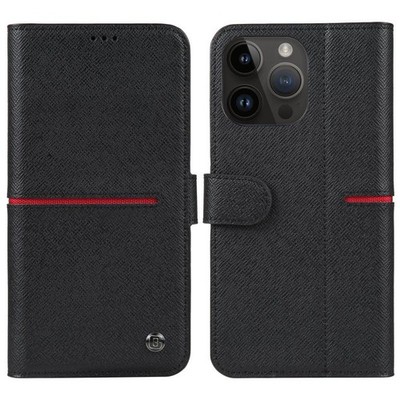 GEBEI Horizontale schwarze feinkörnige Lederhülle für iPhone 14 Pro