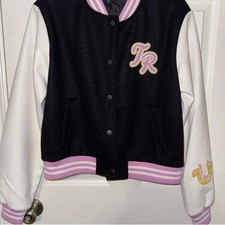 True Religion TR Script Varsity Jacket Black White Pink Logo Patch Striped Rib M