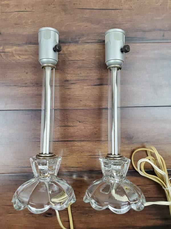 Vtg 11.5'' Art Deco MCM Glass Crystal Boudoir Lamp Pair Set Stick Table Tested