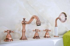 Red Copper Cross Handles Roman Bath Tub Faucet 5 PCS Set W/ Hand Shower Tap