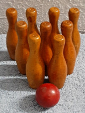 Lot of 9 Vintage Wood Wooden Toy Bowling Pins  Ball