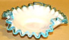 Vintage 1940's Fenton Milk Glass Aqua Rim Crimpled Ruffled Candy Dish — photo 1