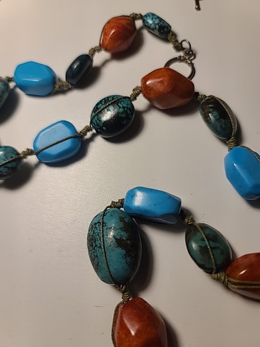 Artesian Necklace Hand Knotted Turquoise Beads Silver Toggle 36" - Picture 3 of 8