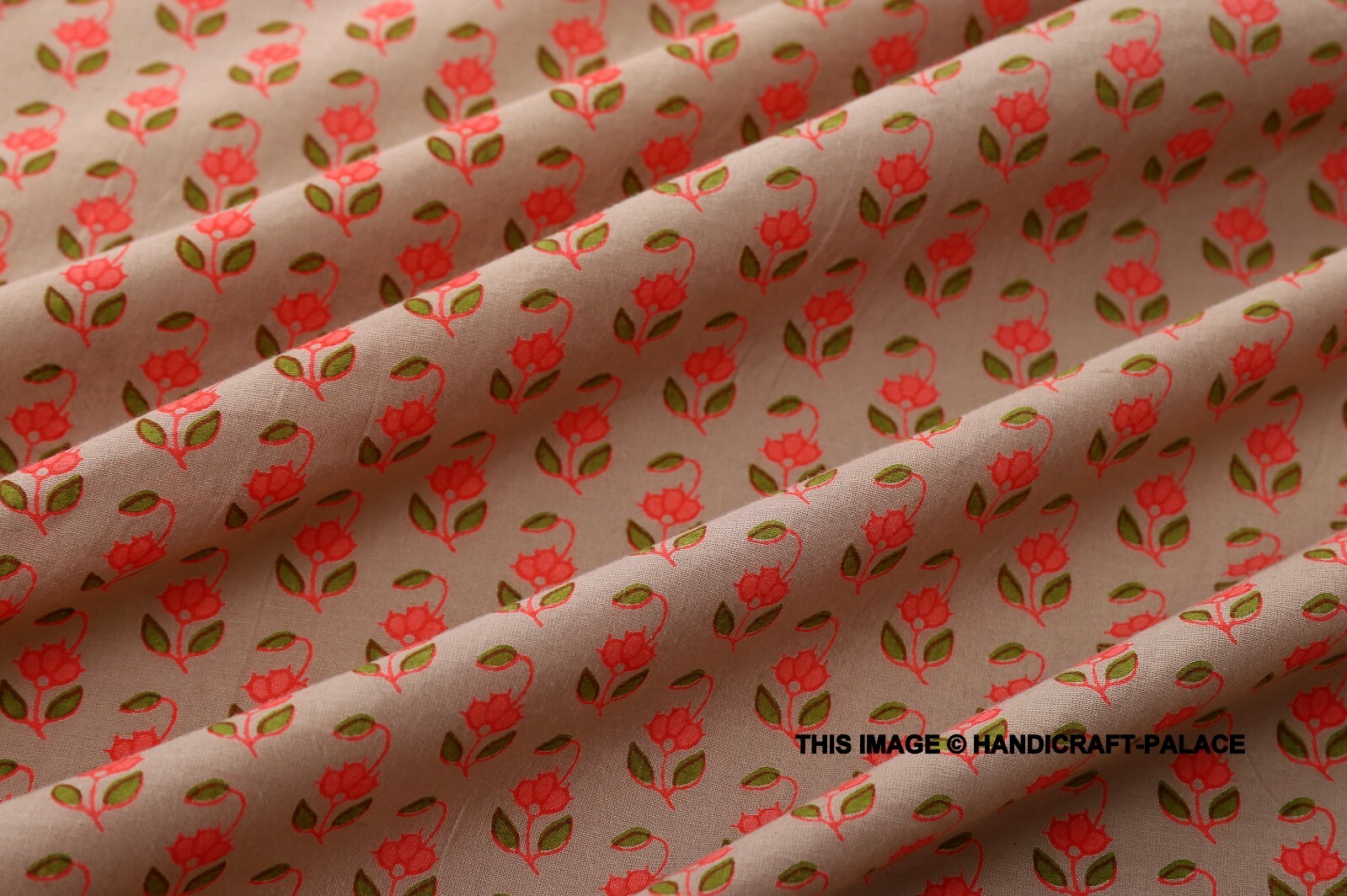 Hand Block Print Cotton Fabric Beige Decor Dressmaking 5 Yards-image