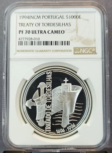 1994 PORTUGAL SILVER 1000 ESCUDOS TREATY OF TORDESILHAS NGC PF 70 ULTRA CAMEO