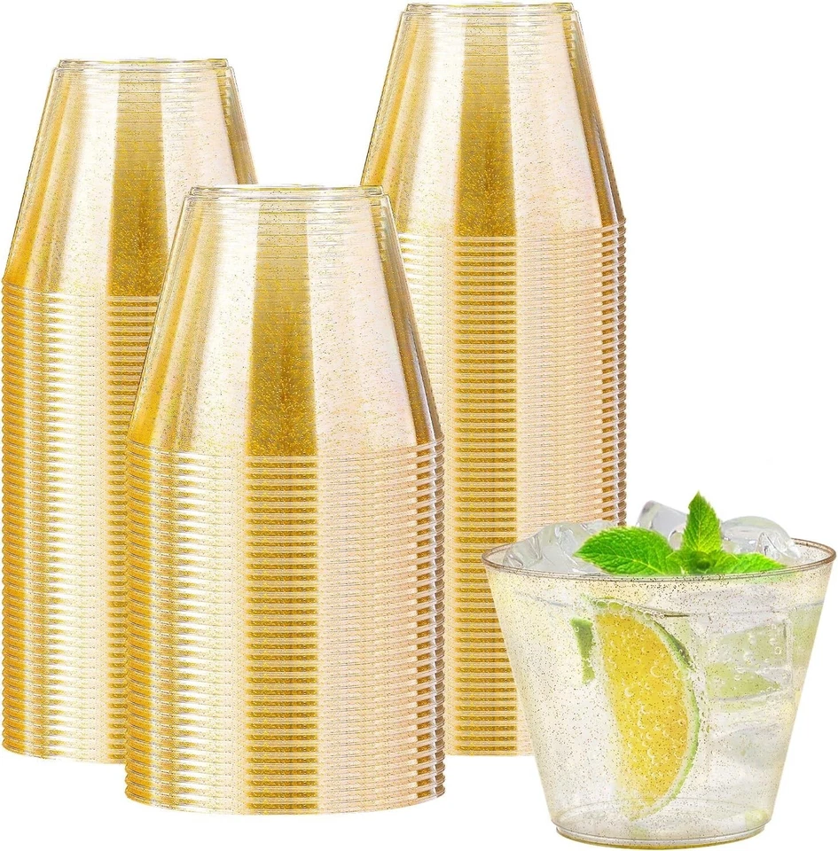 100 Pack 9 oz Glitter Plastic Cups, Disposable Gold Cups Party Wedding etc - Image 2 of 4