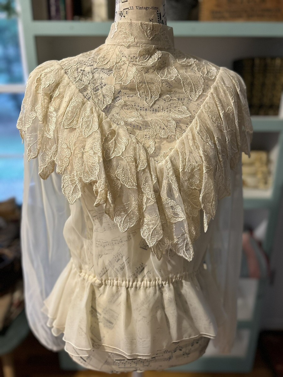 Vintage Top Net Lace Button Victorian Blouse S/M Cottagecore 