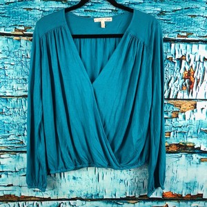 Soft-by-Joie-Womens-Size-Medium-Blue-V-Neck-Long-Sleeve-Faux-Wrap-Blouse-Top