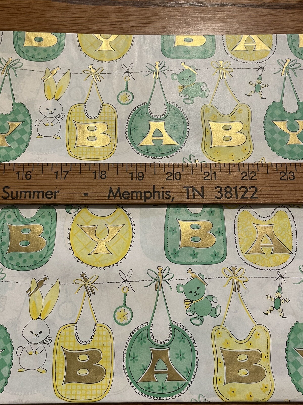 VTG WRAPPING PAPER GIFT WRAP NEW BABY BIB BUNNY BEAR 1950 NOS YELLOW GOLD GREEN