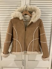 Women’s Sz. Sm Faux Suede Boho Coat Hood Full Zip - Light Tan/white Beautiful