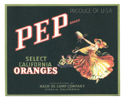 Fruit Crate Label Repro Pep Brand Orange Mexican Dancer Tambourine Guitar Men CA