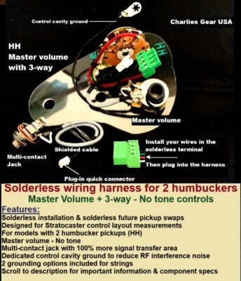 Solderless Wiring Harness for 2 Humbuckers - Master Volume + 3-way - No Tone
