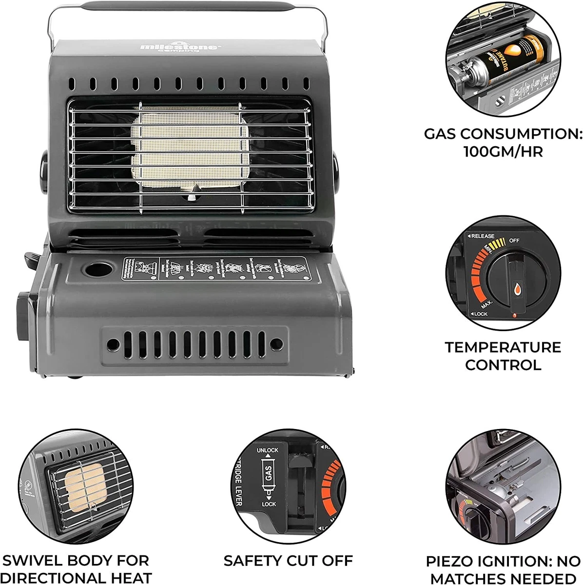 Milestone Camping 1.3kW Portable Gas Heater Outdoor Heater For Camping,  Fishing, | eBay