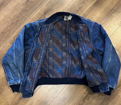 CARHARTT Denim Jacket Zip Aztec Blanket Lined JB888 M/L CARHARTT Denim Jacket Zip Aztec Blanket Lined JB888 M/L
