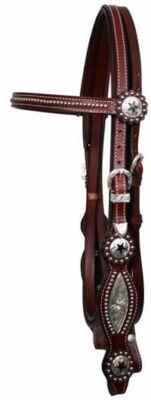 Studded Show HEADSTALL w/REINS! Silver Overlay Cheeks, Texas Star Conchos! NICE!