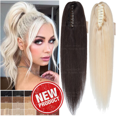 THICK Claw 100% Remy Human Hair Ponytail Wrap Clip In Extensions Blonde Long 18''