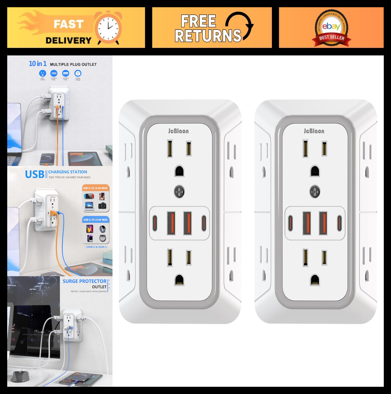 2 Pack Outlet Extender Surge Protector, 6 Outlet Splitter with 4 USB Outlet (2 U